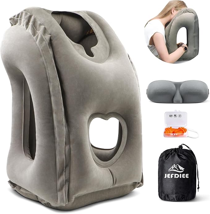 Inflatable Travel Pillow, Airplane Neck Pillow Comfortably Supports Head and Chin for Airplanes, Trains, Cars Office Napping on The Tray Table (Grey) by JEFDIEE