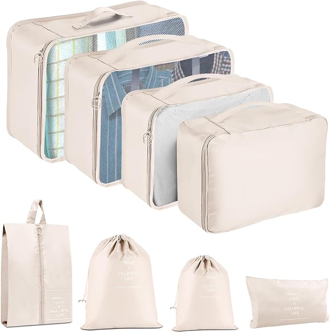Packing Cubes for Travel- 8 Set Luggage Organizer Bags for Family, Mesh Breathable Travel Packing Cubes for Suitcases Durable Travel Essentials Bags Set (Beige, 8 Set) by YEEYAA
