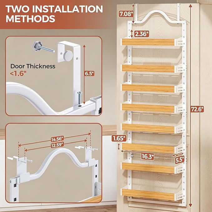 8-Tier Pantry Door Organizer, Over the Door Pantry Organizer with Wooden Adjustable Baskets, 2 IN 1 Spice Rack Wall Mount or Door Organizer, Door Spice Rack for Pantry（72.6×17.1×5.1in,White) - Image 2