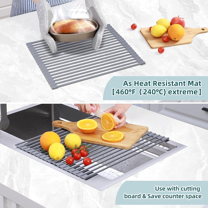 Ohuhu Roll Up Dish Drying Rack, Over The Sink Multipurpose Roll-Up Dish Racks, 16.5" W x 13" L Rolling Heat-Resistant Anti-Slip Silicone Coated Dish Drainer Portable Foldable for Kitchen Counter - Image 4