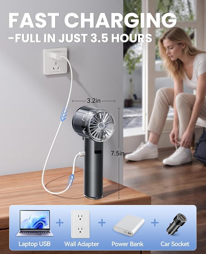 Handheld Fan with Ice Cooler, 13H Runtime, 16000RPM Turbo Motor, 100-Speed, 4000mAh Rechargeable Personal Fan, Portable Mini Hand Fan for Travel Outdoor Makeup Black - Image 8
