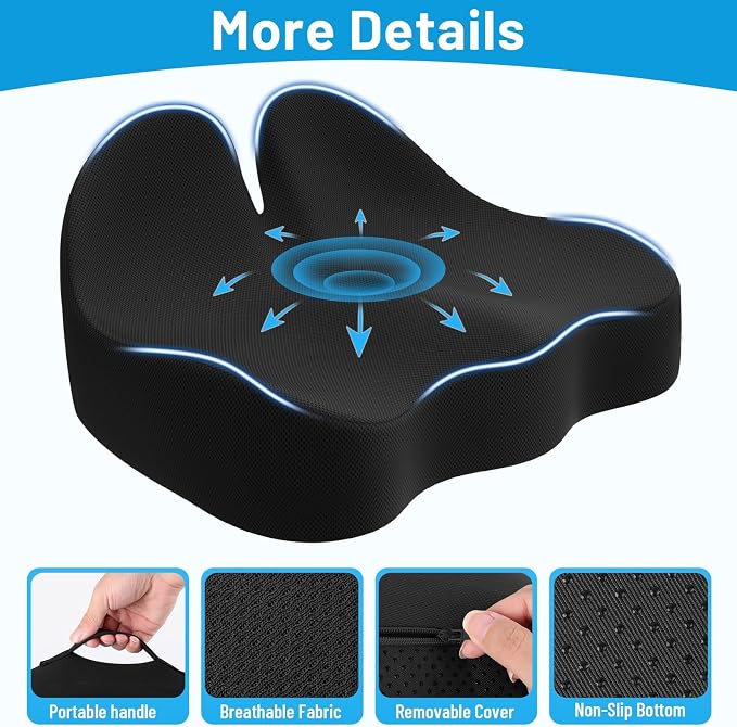 Memory Foam Seat Cushion, Ergonomic Office Chair Cushion for Long Sitting | Curved Tailbone Support Cushion for Car, Desk Chair and Wheelchair, Coccyx Comfort Pad with Breathable Cover, X-Large, Black - Image 3