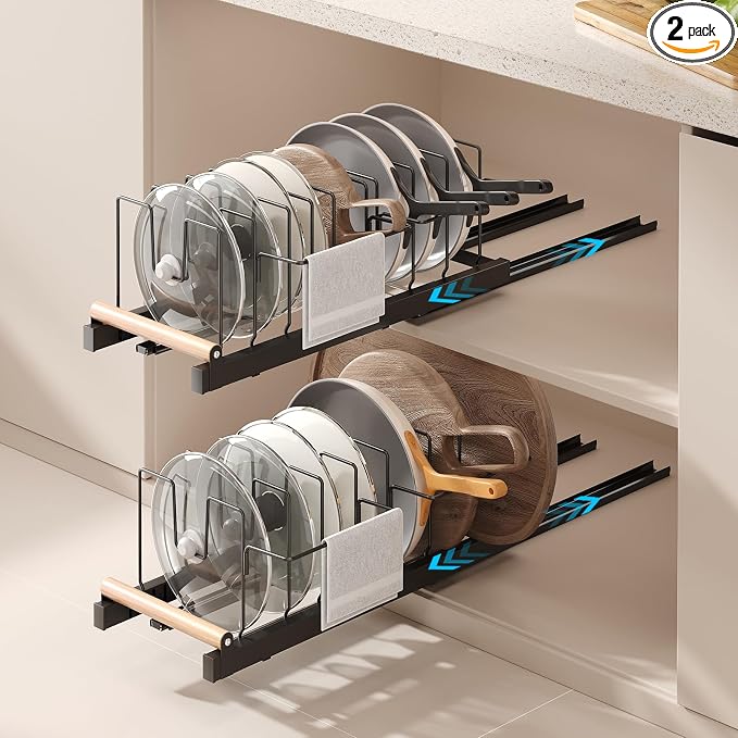 Magheo 2 Pack Pull Out Pots and Pans Organizer Under Cabinet, 22" Deep Expandable Pot Lid Organizer and Storage with 10 Adjustable Dividers Adhesive Pot and Pan Holder Rack with Handle Bracket(Black) by MAGHEO