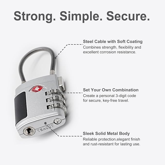 Luggage Locks TSA Approved 2 Pack, Small Combination Padlock, TSA Locks for Luggage, Combo Cabel Padlock for Travel Suitcase, Gym Locker, Gun Case, Ammo Can, Backpack Zipper (Black+Silver) - Image 4