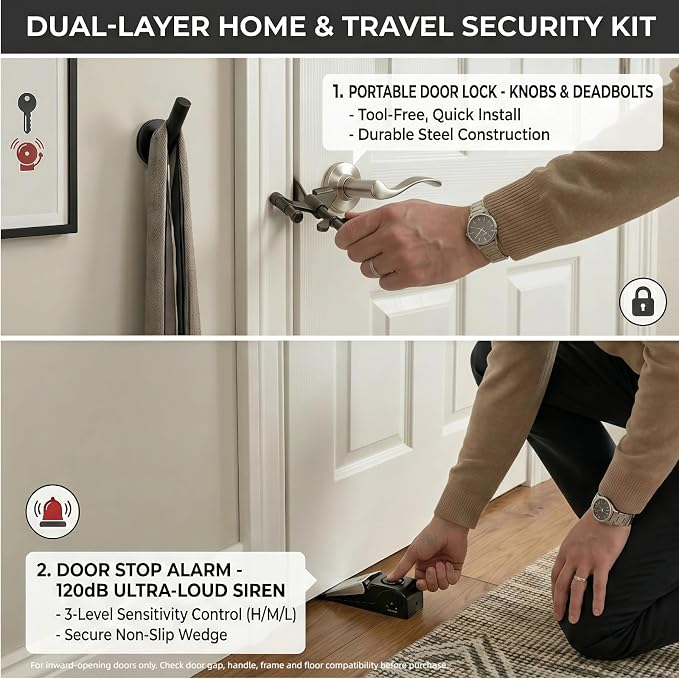 Adjustable Portable Door Lock & Door Stop Alarm Set, 120dB Anti-Theft Security Alarm Door Stoppers, Travel Entry Blocker for Hotel Apartment Dorm Room, No Drill Required, (2 Pack) - Image 5