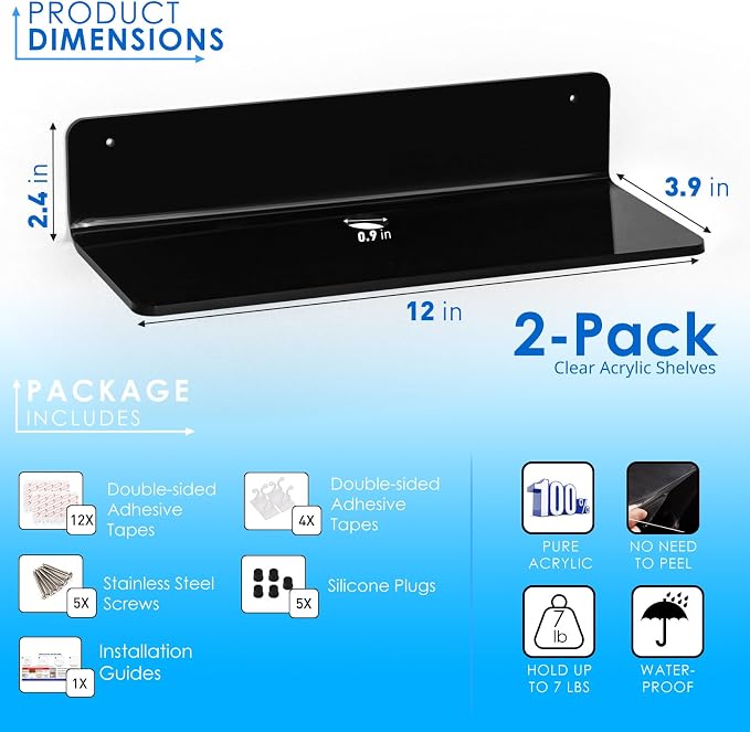 OAPRIRE Acrylic Floating Wall Shelves Black, Damage Free, 12 Inch 2 Pack | Strong Tape Adhesive Wall Shelf No Drill, Easy Installation, Hole Design with Cable Clips, Small Spaces Bedroom Bathroom - Image 2