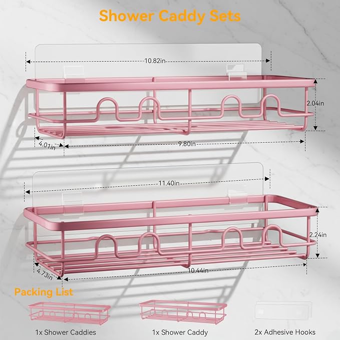 Adhesive Shower Caddy, Large Capacity Shower Racks for Inside Shower, No Drill Bathroom Shower Organizer and Storage, 2 Pack Pink Bathroom Shelves, Home Decor Rv Accessories, Apartment - Image 2