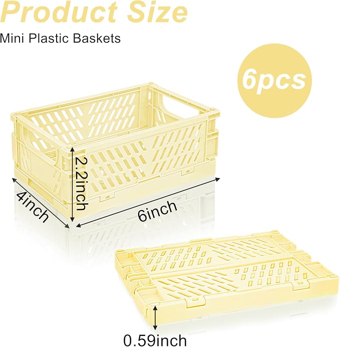 6 Pack Mini Foldable Small Plastic Baskets for Organizing and Storage，Collapsible Storage Crates,Mini Bins for Home Kitchen Bedroom Bathroom Office (Yellow, Small 6x4x2.2) - Image 2