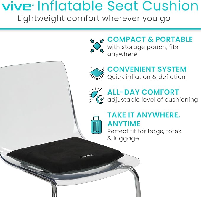 Vive Inflatable Seat Cushion - Portable Pad for Stadiums, Bleachers | Airplanes, Travel, Hiking, Camping, Backpacking, Sporting Events, Picnics - Lightweight Padded Seat Resistant to Tears - Image 2