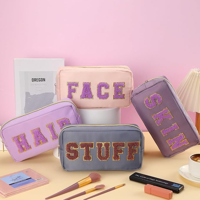 Preppy Makeup Bags Chenille Letter Stuff Bag Nylon Cosmetic Pouch Cases with Zipper for Women Travel Toiletry(Purple Set,Classic,4 Pcs) - Image 7