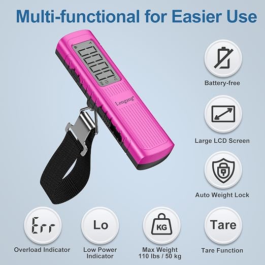 Battery-Free Digital Luggage Scale, 110lbs/50kg Portable Handheld Hanging Scale for Luggages, Suitcases, Backpacks & Bags, Easy Weighing for Travel, No Need Batteries (Pink) - Image 4