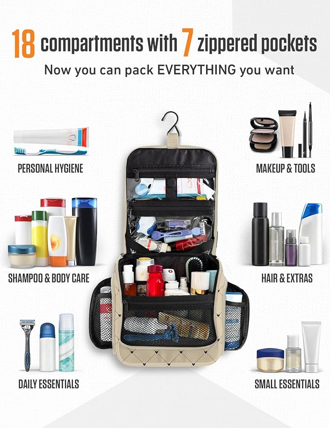 VENTURE 4TH Hanging Travel Toiletry Bag, 17 Compartments - Beige Diamonds | Hangs on rails, hooks or doors; stands upright too. Removable TSA pouch. Water-resistant 900D Nylon, reinforced stitching. - Image 3