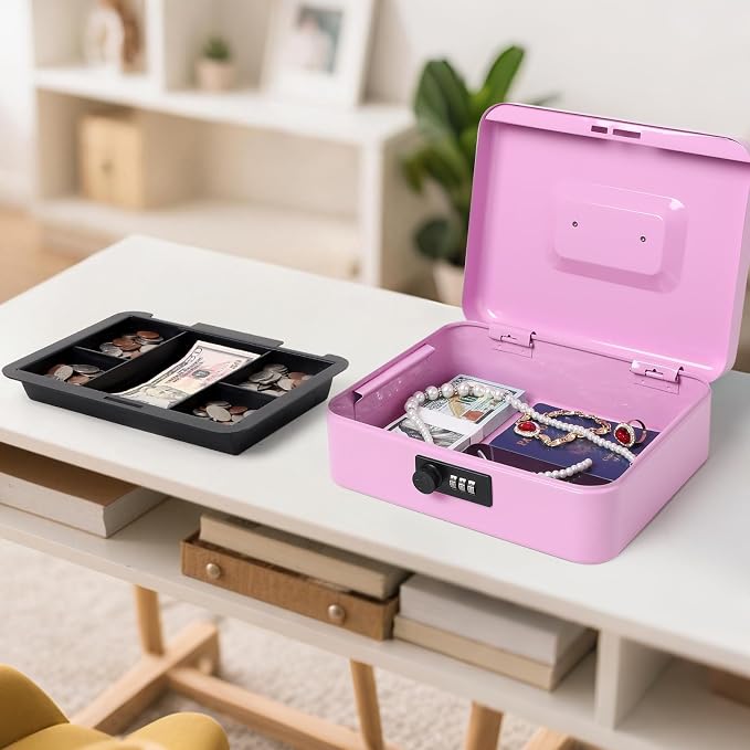Jssmst Large Cash Box with Combination Lock - Durable Metal Cash Box with Money Tray, Light Purple (9.84 x 7.87 x 3.46) - Image 6