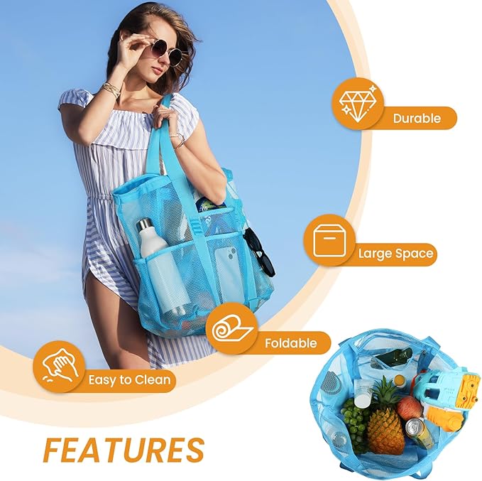 Tavaleu Mesh Beach Bag, Large Capacity Beach Tote, Multi Pockets, Sandproof | Mesh Material, Multiple Storage Pockets, Lightweight & Foldable Design, For Beach & Pool Use, Easy to Clean & Quick Dry - Image 5