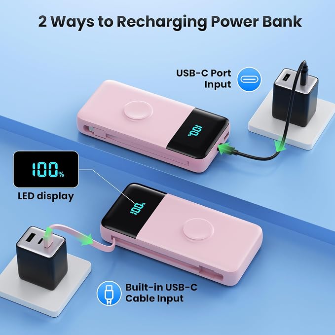 Portable Charger Power Bank 40800mAh with Built-in Cables,25W Fast Phone Charging Portable Battery Pack,5 Outputs Travel Essentials Outdoor External Battery for iPhone 17/16,Galaxy Android etc-Pink - Image 5