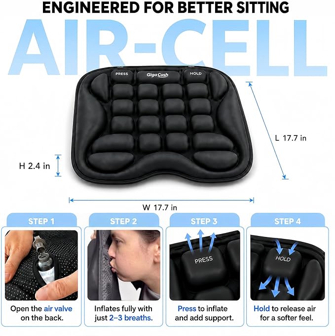 Airplane Seat Cushion for Long Flights, Inflatable Travel Seat Cushion with Built-in Pump, Adjustable Air Cell Support, Lightweight Portable Seat Pad for Stadiums and Concerts, Black - Image 3