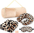HunnmingRe 5 Pcs Travel Pillow and Blanket Set, 5 in 1 Travel Airplane Compact Includes 40 x 60 Inch Throw Blanket Eye Mask Neck Pillow Earplug and Bag Gifts for Travelers Women(Leopard Print,Brown) by HunnmingRe