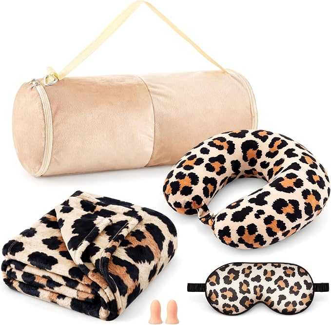 HunnmingRe 5 Pcs Travel Pillow and Blanket Set, 5 in 1 Travel Airplane Compact Includes 40 x 60 Inch Throw Blanket Eye Mask Neck Pillow Earplug and Bag Gifts for Travelers Women(Leopard Print,Brown) by HunnmingRe