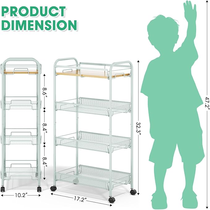 TOOLF 4-Tier Rolling Cart, Metal Utility Cart, Slide Out Storage Cart with Wooden Tabletop and Mesh Baskets for Narrow Space on Kitchen Bathroom Laundry Room Bedroom Apartments Dormitory (Green, Wide) - Image 2