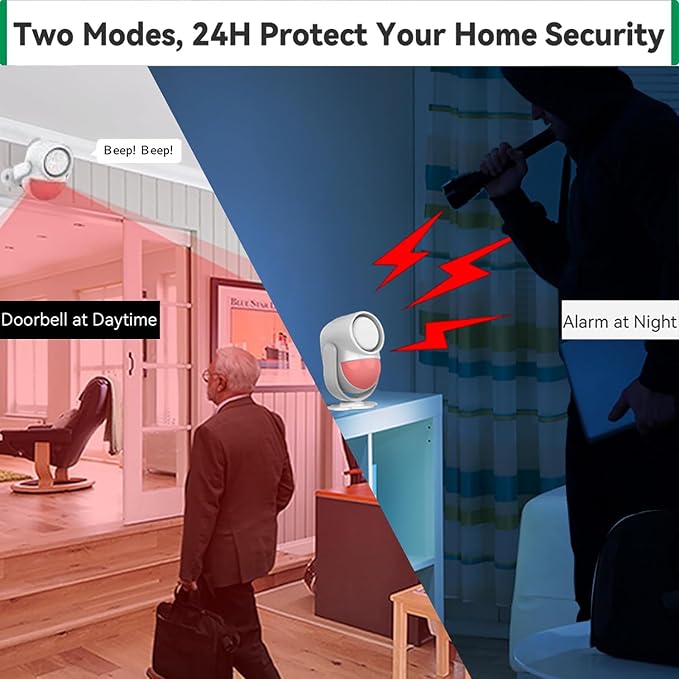 125dB Loud Motion Sensor Alarm with 328ft Dual Remote (40ft PIR Detector, 3*AA Batteries), Indoor Wireless Infrared Security Motion Detector with Siren for Homes/Sheds (White - 2 Remotes) - Image 2