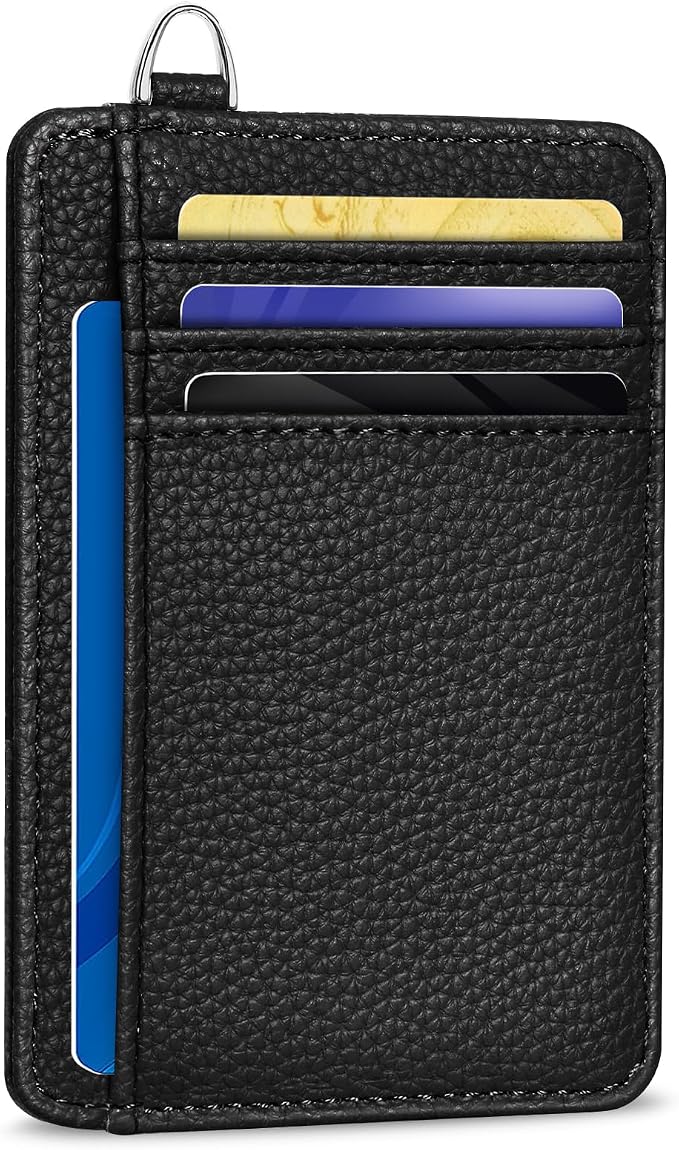Yonlevres Credit Card Holder Women Slim RFID Blocking Wallet Small Black | Front Pocket, Handy, RFID Blocking, Woman Girls Ladies Gifts, D-ring for Keychain,Thin Mini Card Case, ID Window, PU Leather by Yonlevres