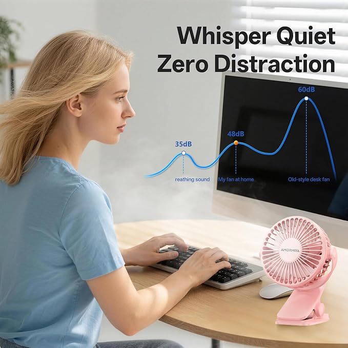 Portable Clip on Fan Rechargeable Mini for Desk Golf Camping Pink | 4000mAh 20H Battery, Quiet Brushless Motor 4.5m/s, One-Click Shutdown, 3 Speeds, Detachable Cover, Type-C Charge, 360° Rotate - Image 8