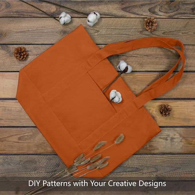 TOPDesign 3-Pack Canvas Tote Bags with an External Pocket, Reusable Grocery Shopping Bags, Top Zipper Closure, Daily Essentials (Orange) - Image 4