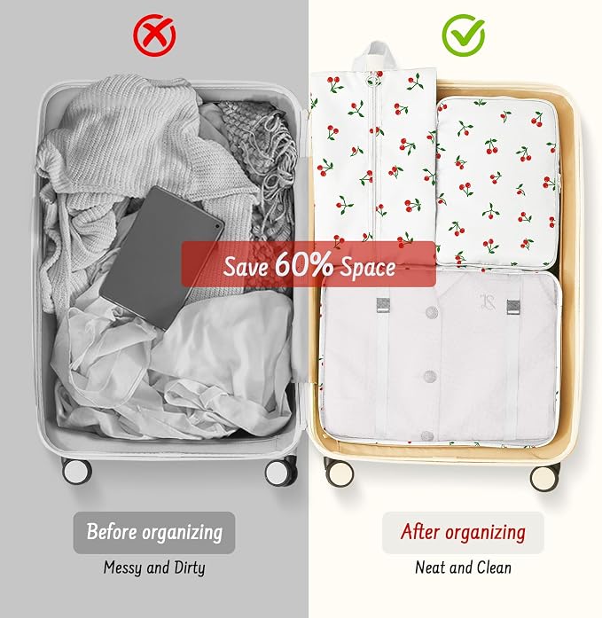 9 Set Packing Cubes for Travel Essentials - Lightweight Carry-On Luggage Organizer Bags with Shoe, Clothes & Laundry Bags for Airplane, Family & Business Travel, White Cherry - Image 8