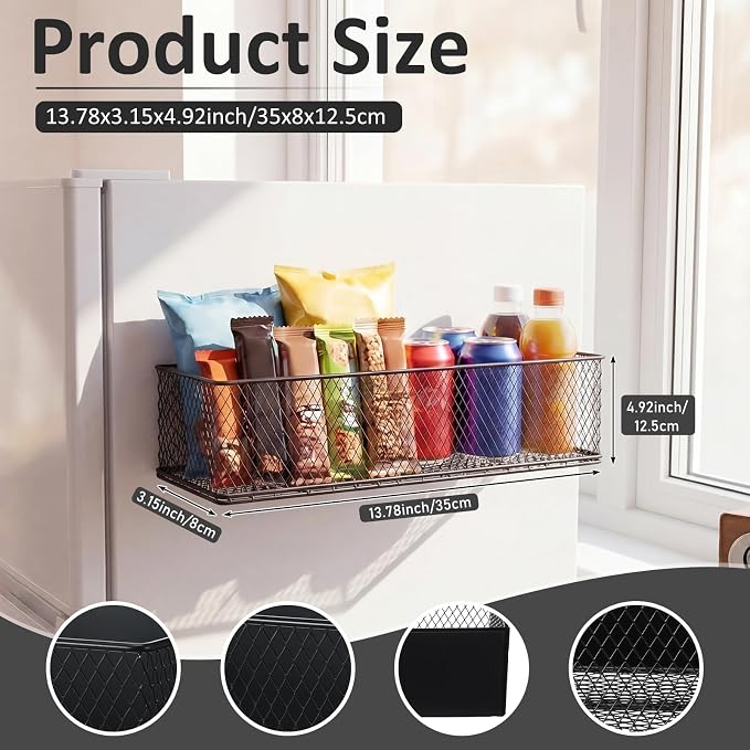 FoldTier 1 Pack Black Magnetic Basket Dorm Mini Fridge Shelf Organizer Kitchen Storage Bin Container Spice Holder for Locker Refrigerator Pantry Dorm Essentials (13.8 x 3.1 x 4.9 Inch) - Image 2