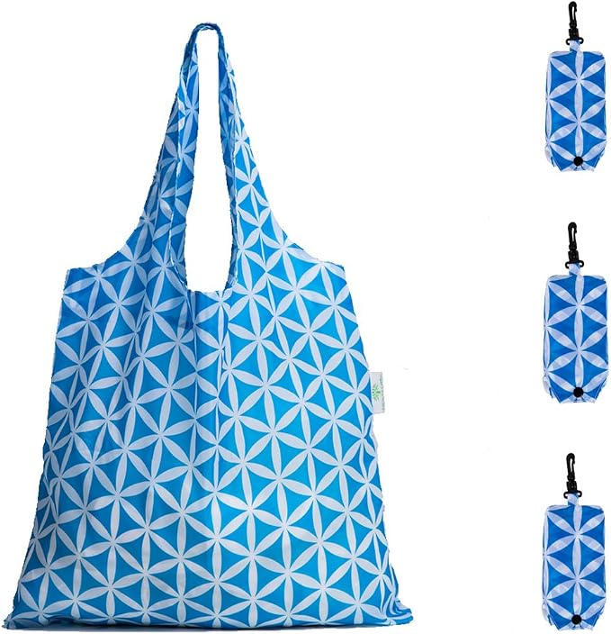 HOLYLUCK Reusable Grocery Bags,Heavy Duty Foldable Shopping Tote Bag (Standard, 3 Blue Geometric Flowers) by holyluck