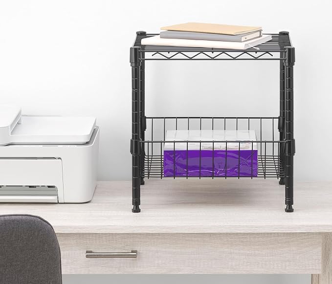 Whitmor 2 Tier Metal Storage Shelves, Heavy Duty Shelf with Basket, 350 lbs Capacity per Shelf, 700 lbs Total, Home Organizer for Kitchen, Garage, Bathroom, 15" L x 14" W x 15" H, Black - Image 2