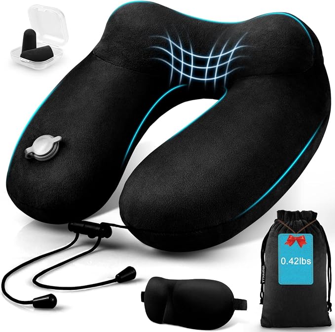 Inflatable Travel Neck Pillow for Airplanes, Super Soft Velvet Neck Support, Adjustable Firmness, Blow Up Plane Pillow for Long Flights, Road Trips, Travel Essentials with Eye Mask, Earplug by UROPHYLLA