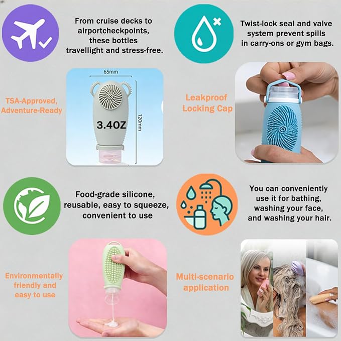 Travel Bottles for Toiletries,Tsa Approved Travel Size Containers 3-Pack (3.4 oz)，Leak Proof Refillable Liquid Silicone Squeezable Accessories for Shampoo Conditioner Lotion - Image 3