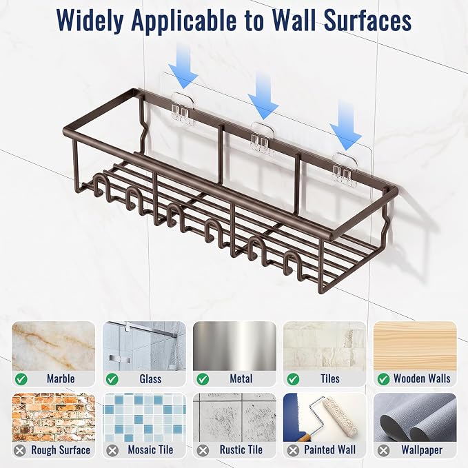 8 Pack Adhesive Rustproof Shower Caddy with Soap Dishes, Toothbrush Holder & Hooks, Large Capacity No-Drilling Shower Shelves Rack for Bathroom Organizers and Storage Accessories, Brown - Image 7