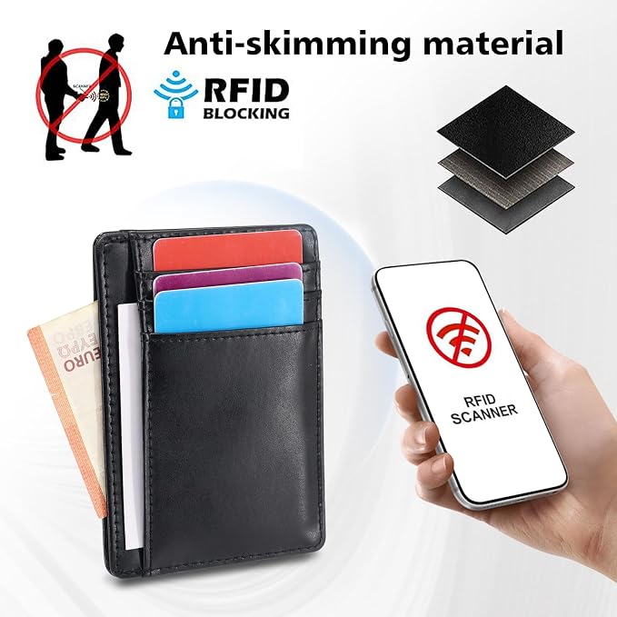 RFID Slim Wallet for Men, Thin Card Holder with ID Window, Minimalist PU Leather Front Pocket Wallets for Storing Cards Checks Cash (Black) - Image 5