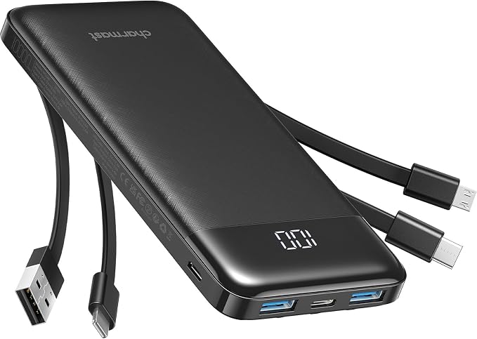 charmast Portable Charger Power Bank with Reinforced Built-in 4 Cables | 10000mAh,6 Outputs 3 Inputs,Travel Essentials,Carry-on Only,3A Fast Charging Portable Phone Charger for iPhone Samsung Pixel by charmast