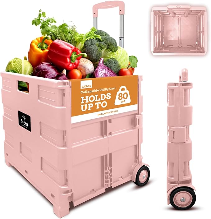 Inspired Living Ultra-Slim Rolling Collapsible Storage Pack-N-Roll Utility-carts, with Telescopic Handle, for Home, Garden, Shopping, Office, School use, Large, Raspberry Pink by Inspired+Living