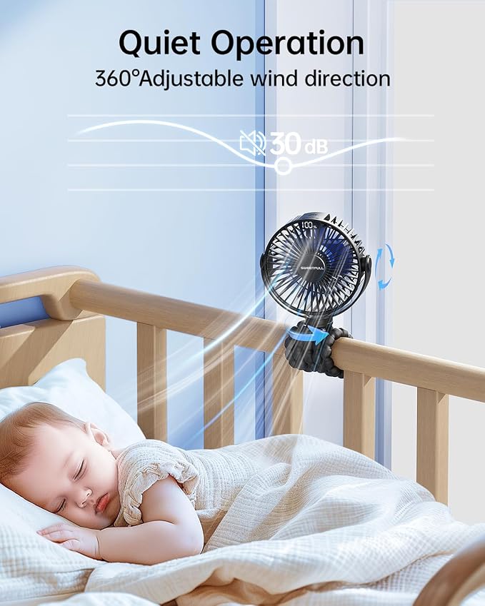 SWEETFULL 4000mAh Portable Stroller Fan with LED Display, 4 Speed Rechargeable Mini Clip On Fan, 360° Rotate Flexible Tripod Better Cooling Small Baby Fan for Car Seat Crib Travel Treadmill - Image 5