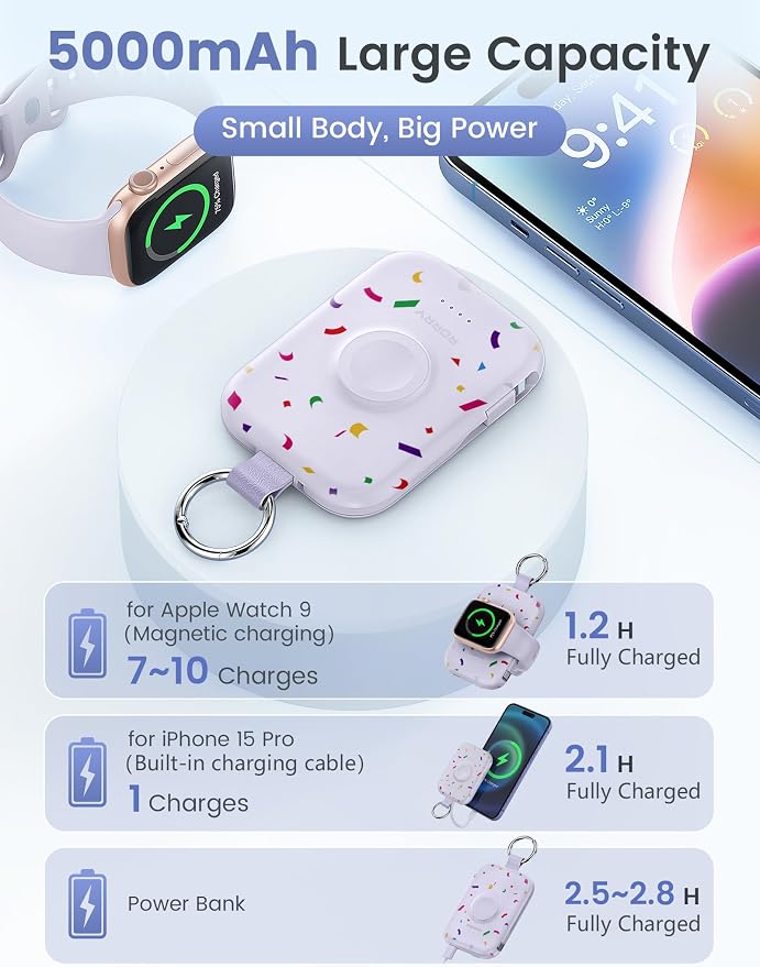 RORRY CharmGo Portable Charger, 5000mAh Portable Charger Power Bank | Built-in Cables,Travel Keychain Battery Pack Essentions for Apple Watch 1~11 Series/Ultra/SE & iPhone Air/17/16/15/14/13/12 - Image 3