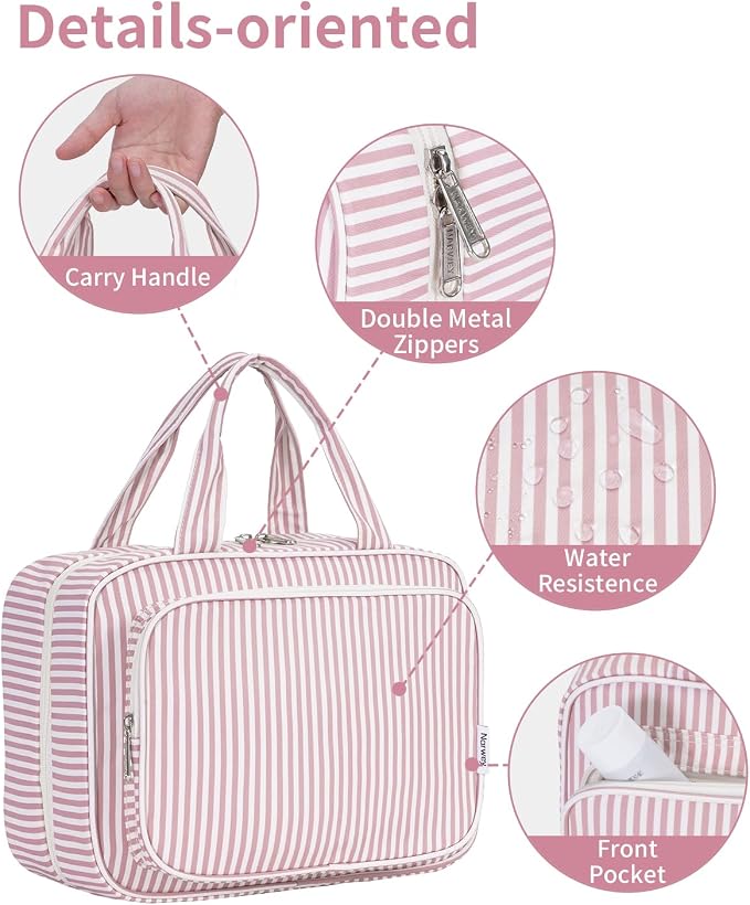 Narwey Striped Travel Toiletry Bag for Women Large Hanging Makeup Bag Organizer Toiletries Bag for Full Size Essentials Accessories Cosmetics (Dusty Pink Stripe (Large)) - Image 8