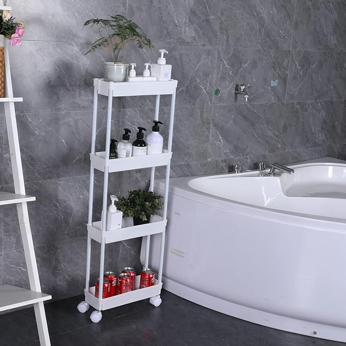 Sooyee 4 Tier Slim Rolling Cart, Utility Storage Cart with Wheels,White | Narrow Plastic Craft Cart,Ideal For Kitchen, Bathroom, Office, Dorm, Art Workspace, Bedside Storage - Image 5