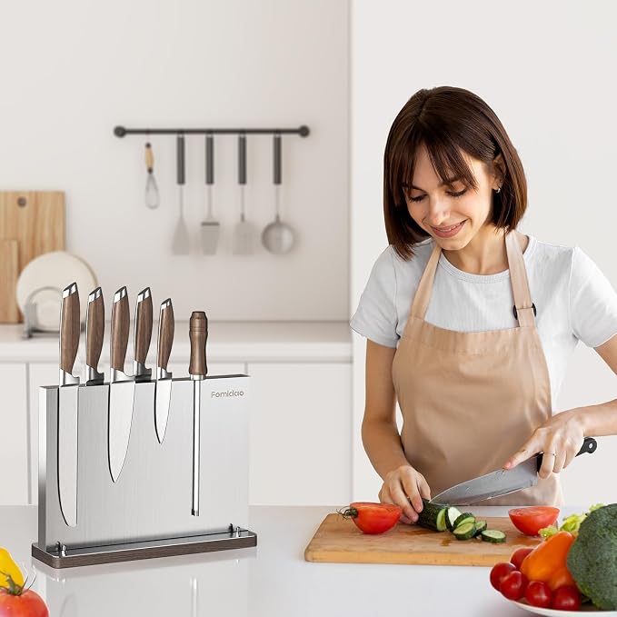Magnetic Knife Block,Stainless Steel Magnetic Knife Holder Rack for Kitchen Counter,Strong Double Sided Magnet Knife Storage Stand with Wood Base - Image 6