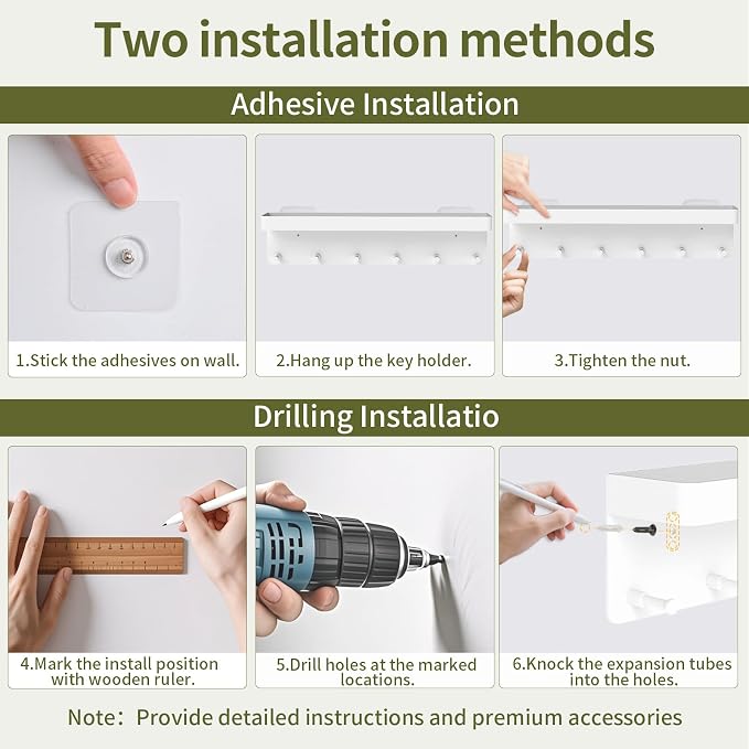 MKO Key Holder Wall Mount, Adhesive Key Hanger with 6 Hooks for Wall, White | Metal Material, Key Rack with Shelf, Wall Mount, Mail Organizer Tray, Suitable for Entryway, Hallway, Living Room - Image 9