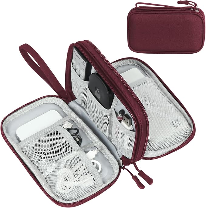 FYY Electronic Organizer, Travel Tech Pouch Bag, Cable Organizer Wine Red | Wrist Strap, Waterproof, Double Layers Portable Electronics Travel Carrying Case for Cord, Charger, Daily Business Trips Use by FYY