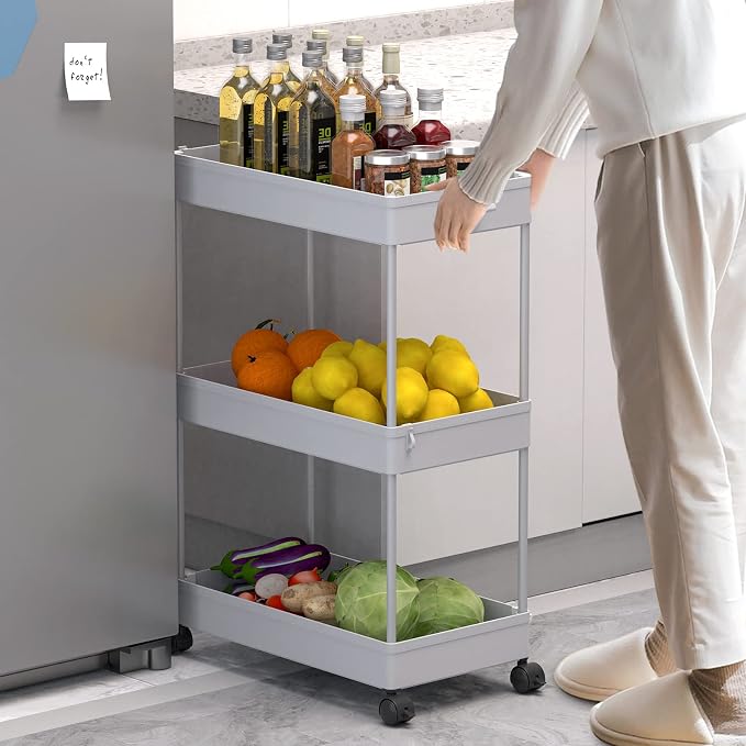 3 Tier Rolling Cart with Wheels, Storage Craft Art Trolley Organizer Serving, 3 Hanging Baskets Easy Assembly, for Office, Living Room, Kitchen, Gray - Image 5