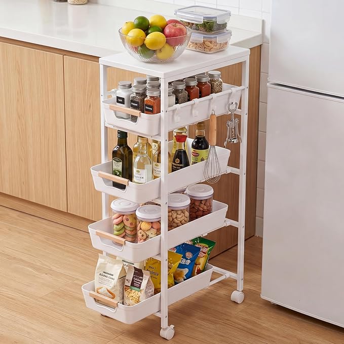 5 Tier Slim Rolling Storage Cart with Pull-Out Drawers, White | Narrow Utility Organizer Cart, Wooden Top, Wheels, For Small Spaces, Kitchen, Bathroom, Laundry Room by Unknown