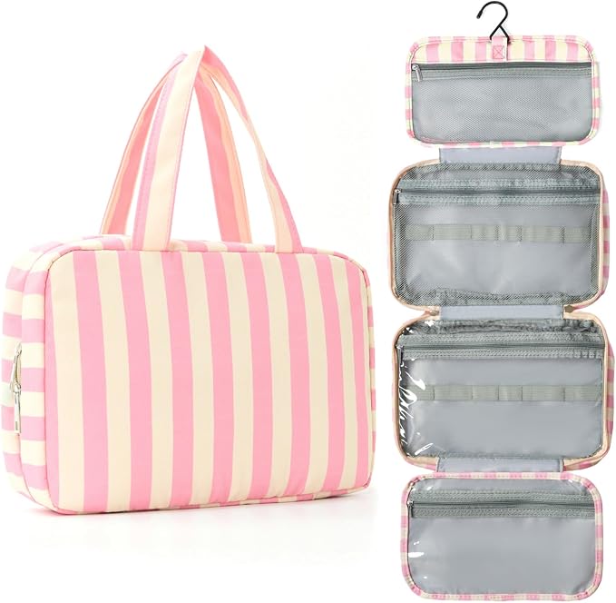 Toiletry Bag for Women Travel Water-resistant Cosmetic Bag Fashion Stripes Makeup Bag with Hanging Hook Preppy for Store Toiletries Cosmetic Accessories Medium Pink by Unknown