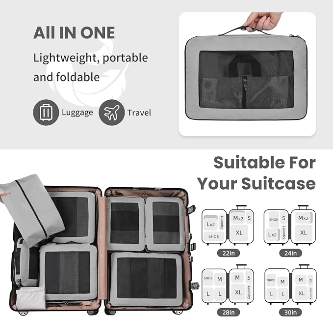 Compression Packing Cubes for Travel, Lightweight Vacation Travel Essentials, Travel Accessories for Suitcase Organizer Bags Set, Durable Luggage Organizer - Image 7