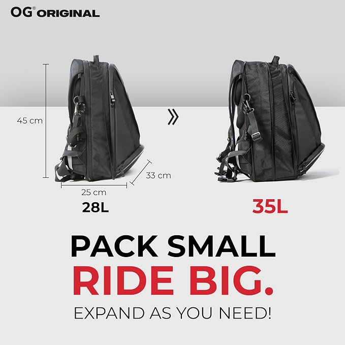 EZ-RiderPRO Waterproof Motorcycle Backpack 2 Helmets 28-35L Black Logo | Expandable design with laptop compartment, helmet strap and reflective details for commuting and motorcycle touring. - Image 4