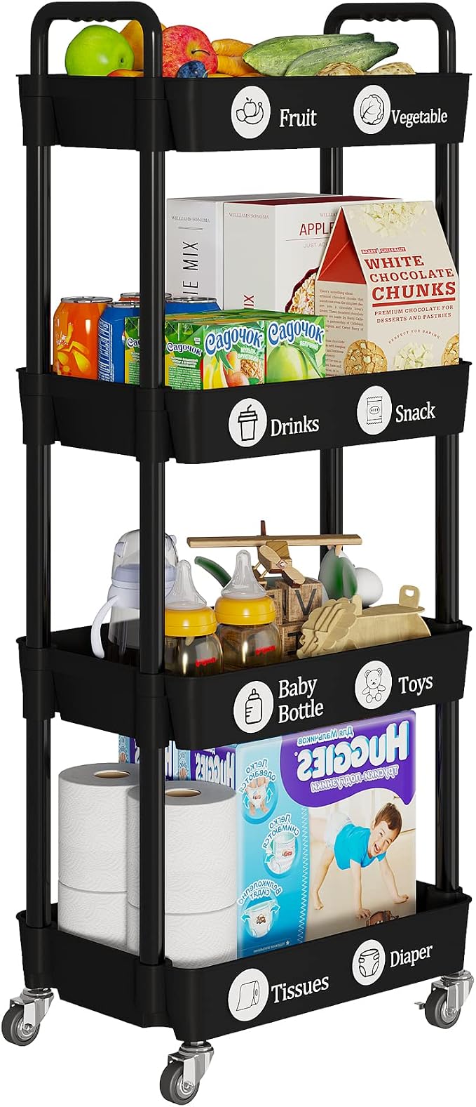 Laiensia 4-Tier Rolling Cart with Wheels,Multifunction Utility Storage Carts, Kitchen Storage Organizer,Mobile Shelving Unit for Bathroom,Laundry,with Classified Stickers,Black - Image 2